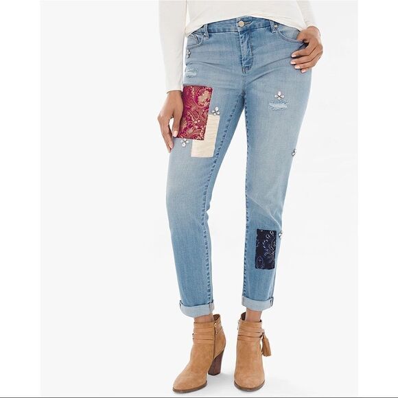 CHICO’S So Slimming Patchwork Embellished Girlfriend Ankle Jeans - Picture 1 of 11